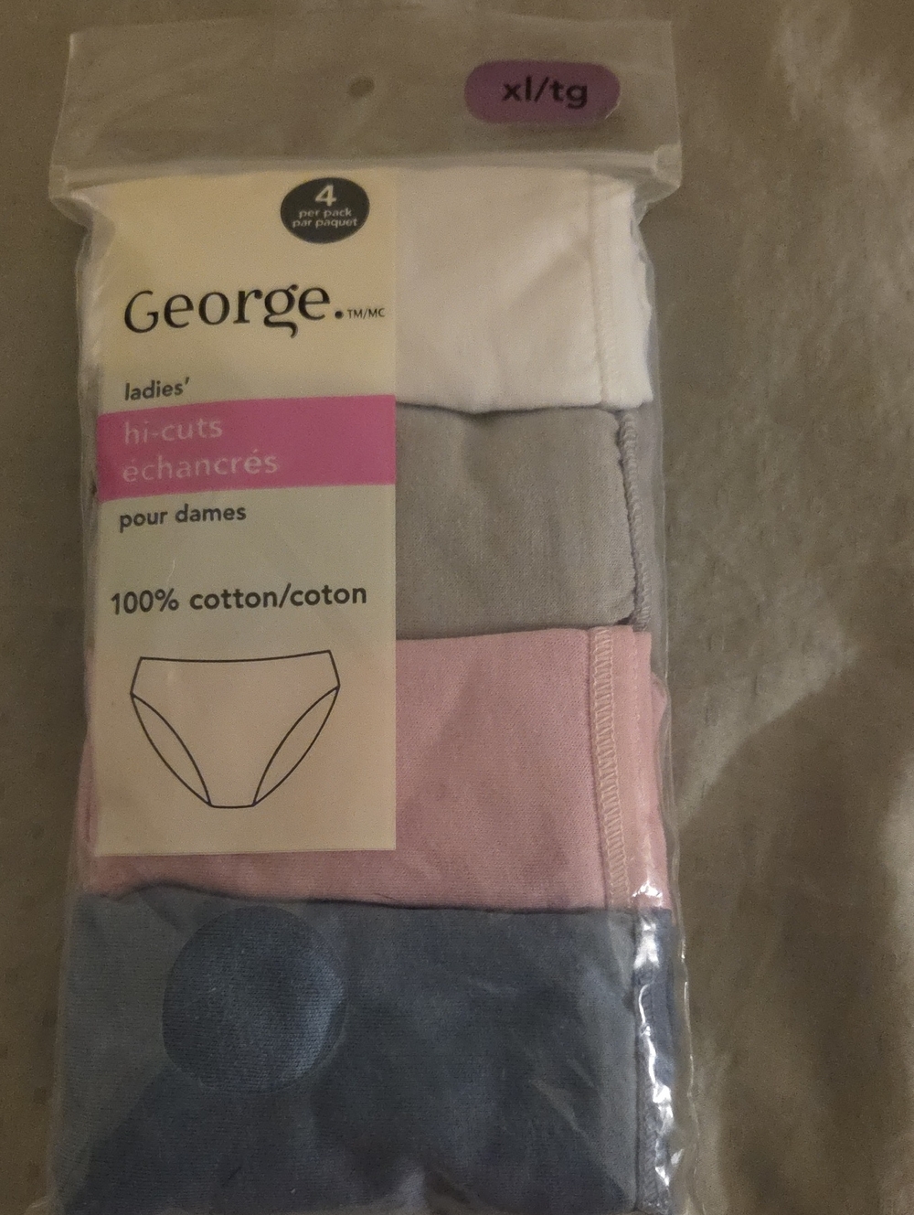 George womans 4-Pack Cotton Hi-Cut Bottoms - White, Gray, Pink, Blue